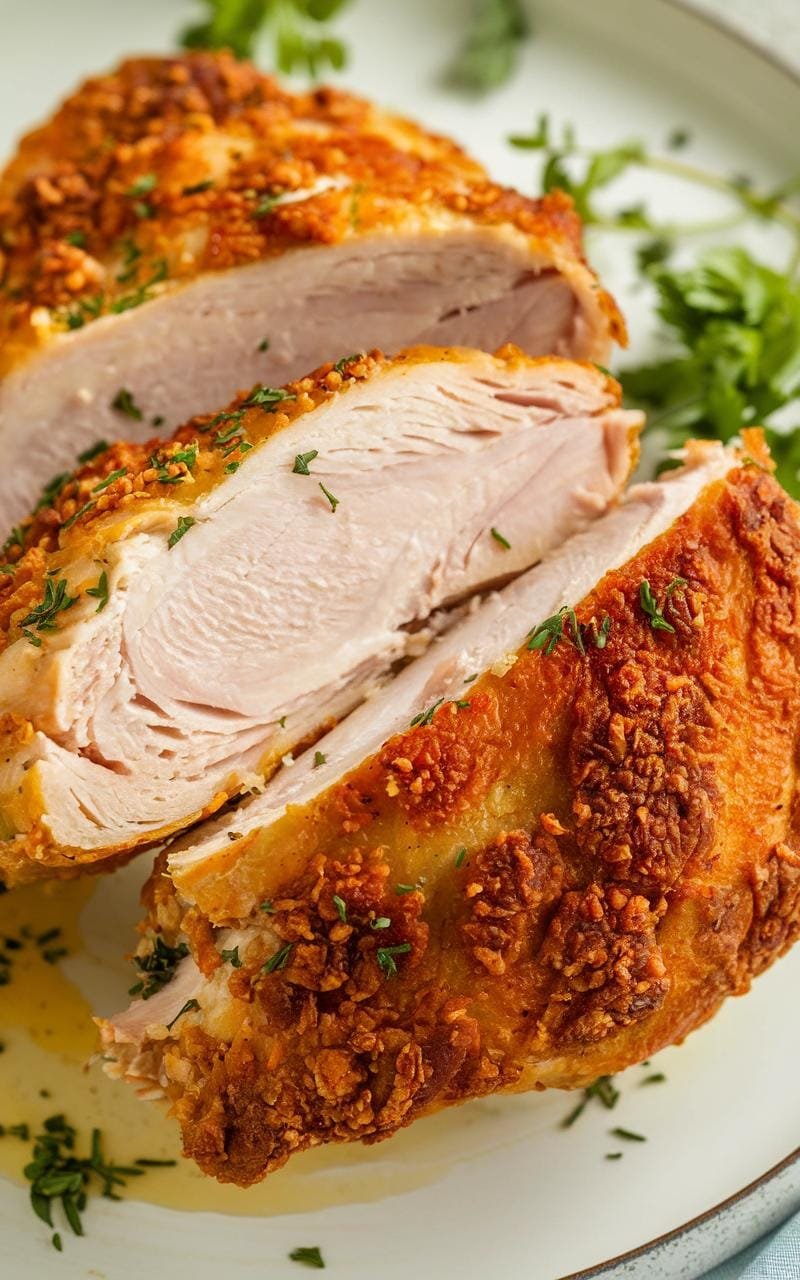 Close-up view of crispy air-fried chicken breast with juicy interior