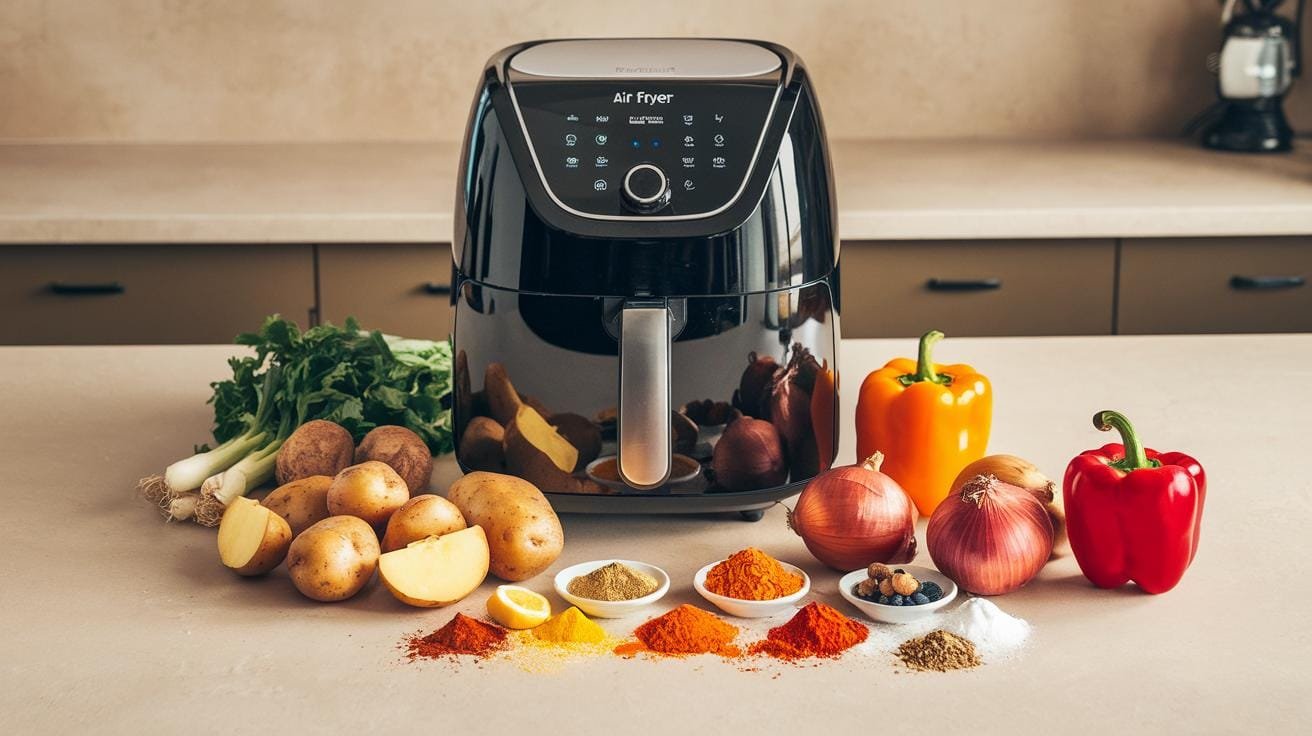 "sleek air fryer on a clean kitchen counter with fresh ingredients and colorful seasonings around it"