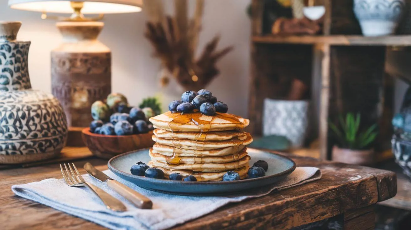 "golden almond flour pancakes with fresh blueberries and maple syrup on a rustic wooden table"