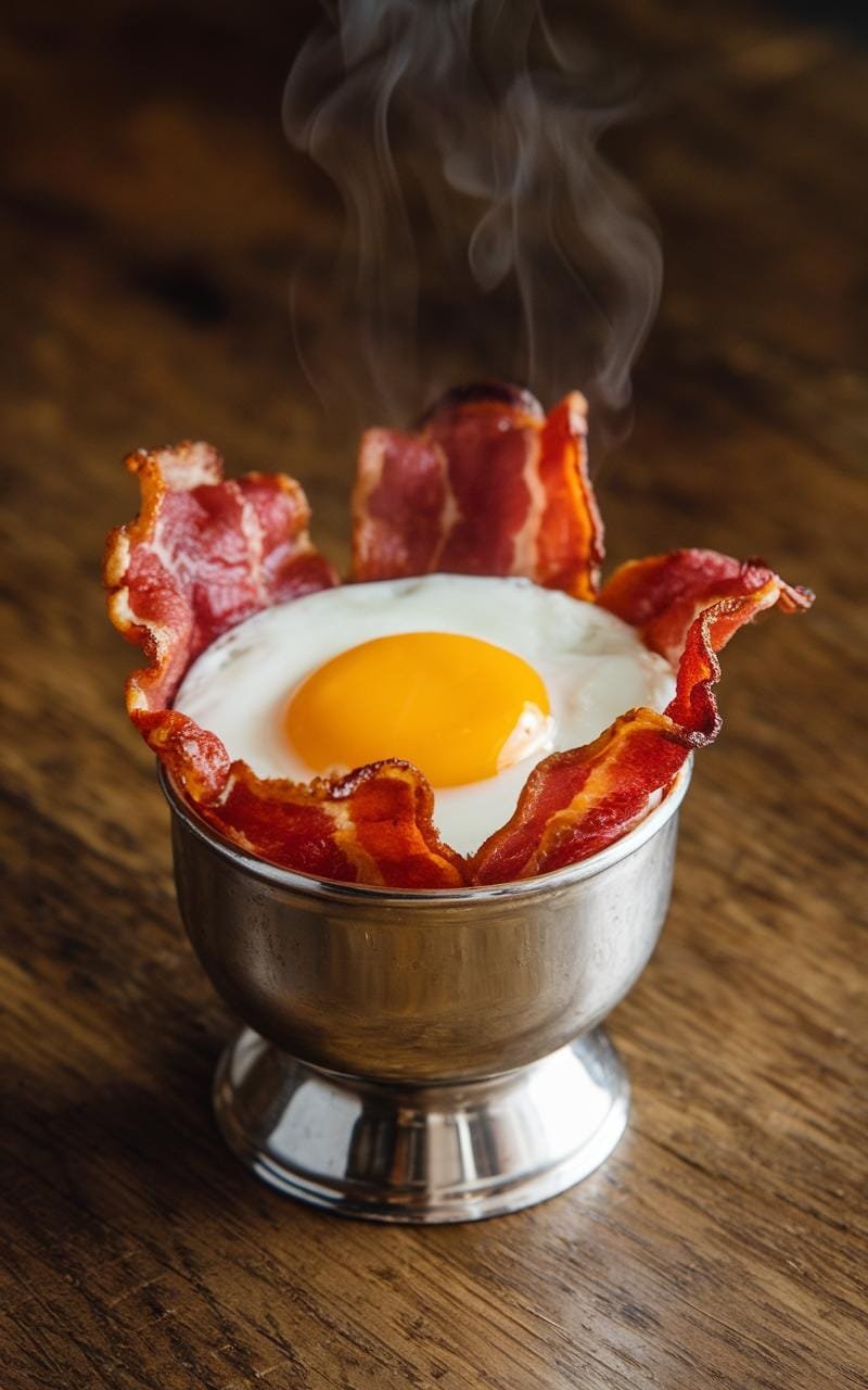 Steaming bacon and egg cup with runny yolk freshly out of the oven