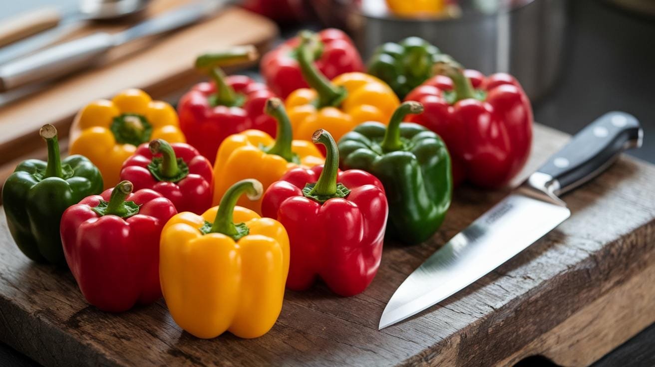 Stuffed Bell Peppers: A Hearty, Customizable Dinner Classic 2 "variety of red, yellow, and green bell peppers on wooden cutting board next to chef's knife"