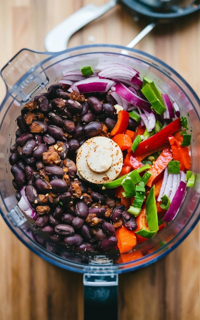 Partially mashed black beans and sautéed vegetables in a food processor during burger mixture preparation