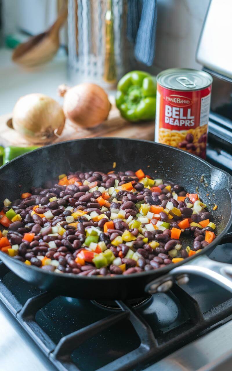 Black Bean And Sweet Potato Tacos: A Fiesta In Your Mouth! 7 Sizzling skillet on stovetop with black beans, diced onions, and bell peppers