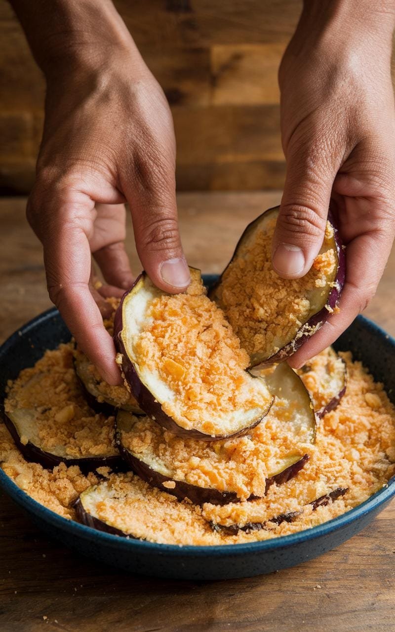 Hands skillfully breading eggplant slices over a dish of golden panko crumbs