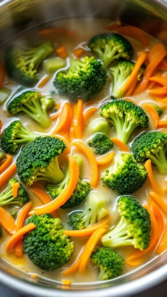 Pot of green broccoli and julienned carrots simmering in creamy broth