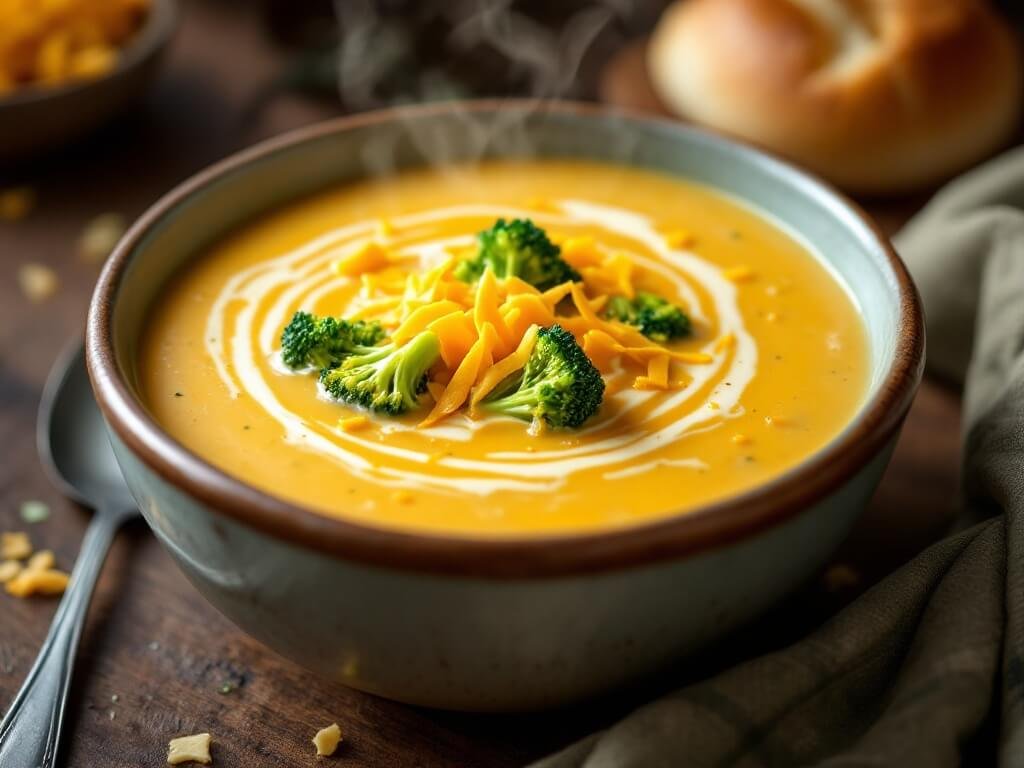 Bowl of creamy broccoli cheddar soup, garnished with fresh broccoli florets and shredded cheese.