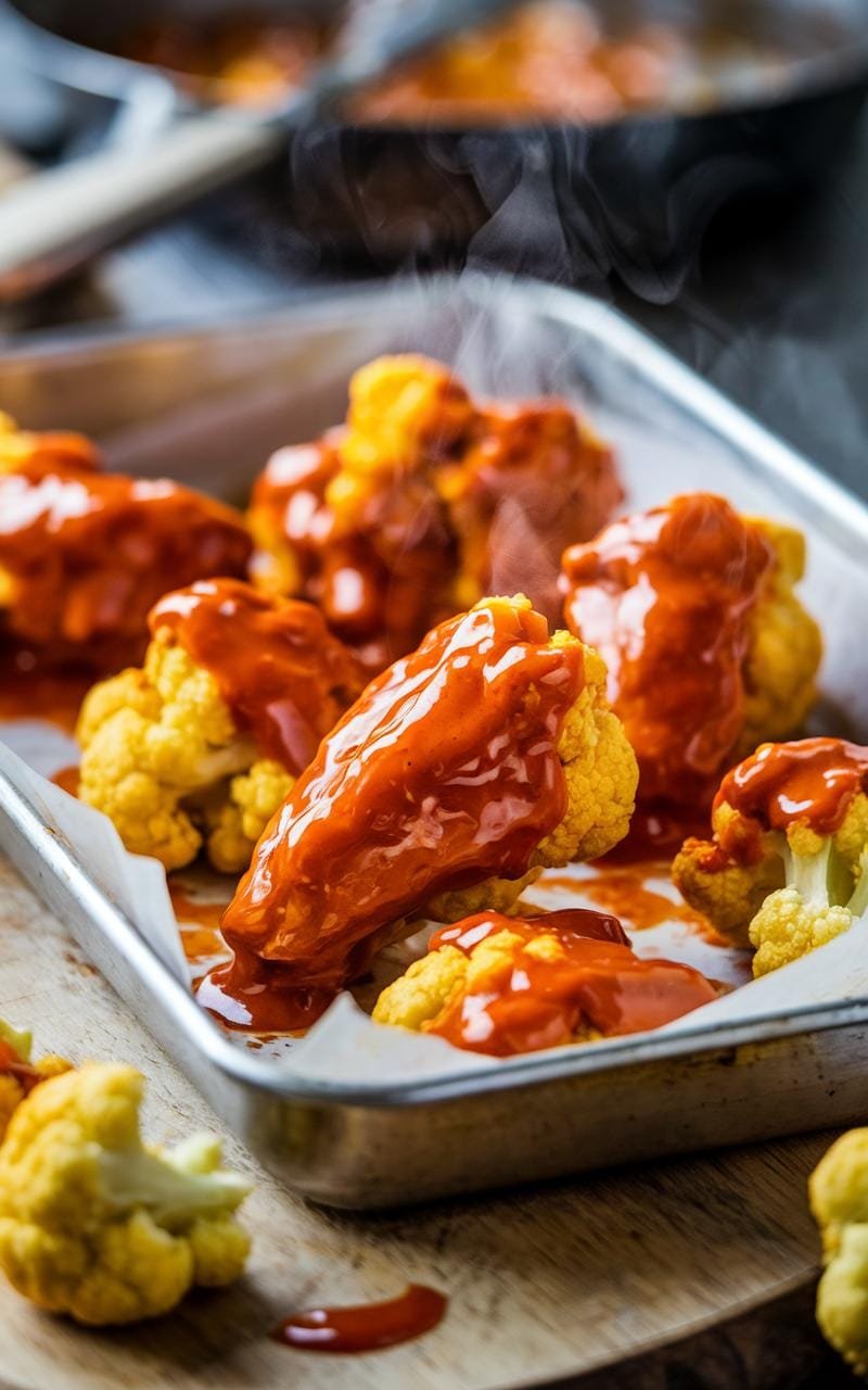 Buffalo Cauliflower Wings: Crispy, Spicy, And Surprisingly Healthy! 7 Freshly baked buffalo cauliflower wings on a baking sheet.