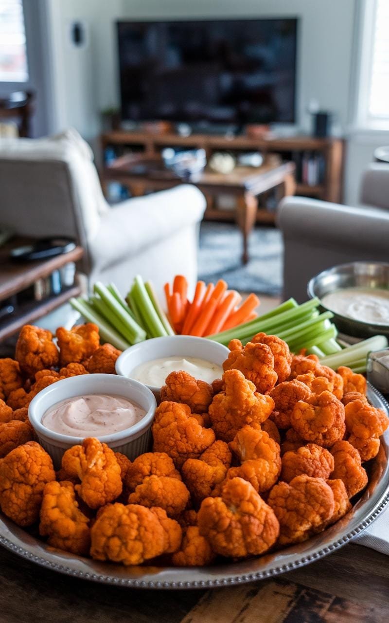 Buffalo Cauliflower Wings: Crispy, Spicy, And Surprisingly Healthy! 4 Platter of crispy buffalo cauliflower wings with ranch dip, served on game night.