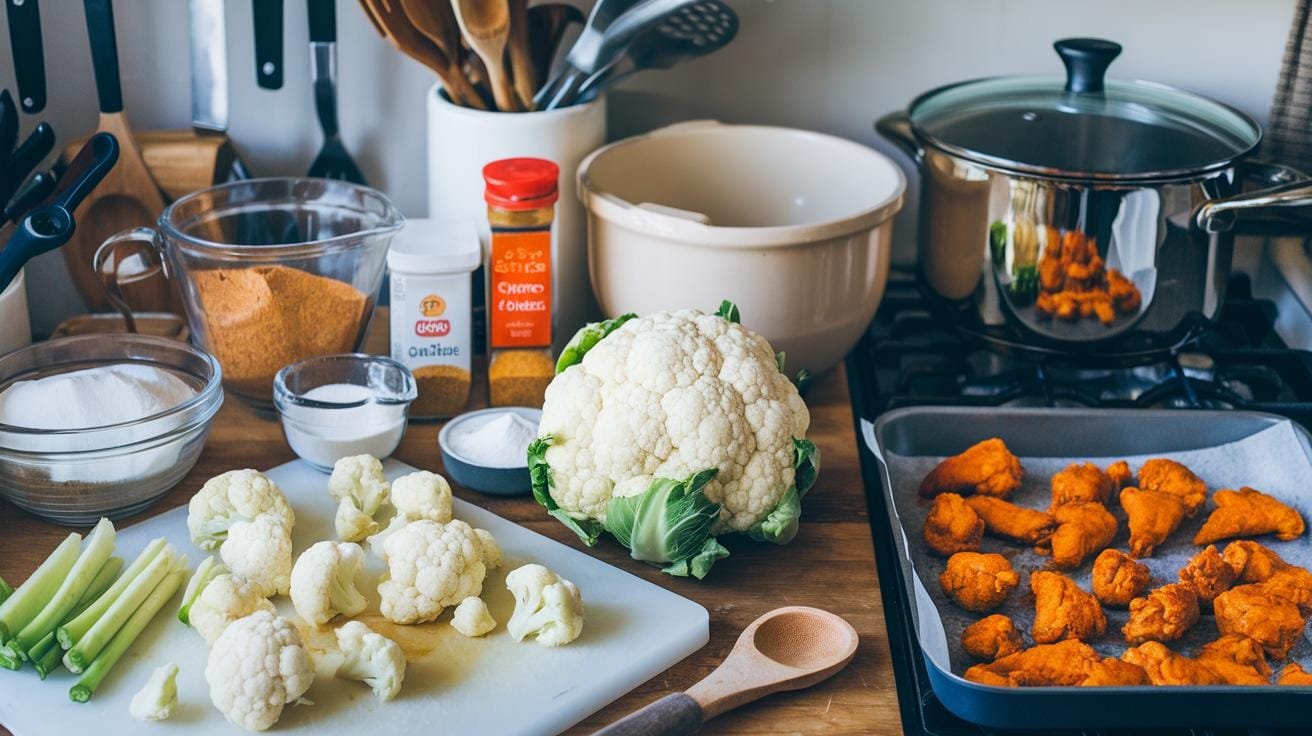 Buffalo Cauliflower Wings: Crispy, Spicy, And Surprisingly Healthy! 10 "kitchen countertop busy with ingredients and equipment for buffalo cauliflower wings including cauliflower, mixing bowls, measuring cups, and spices"