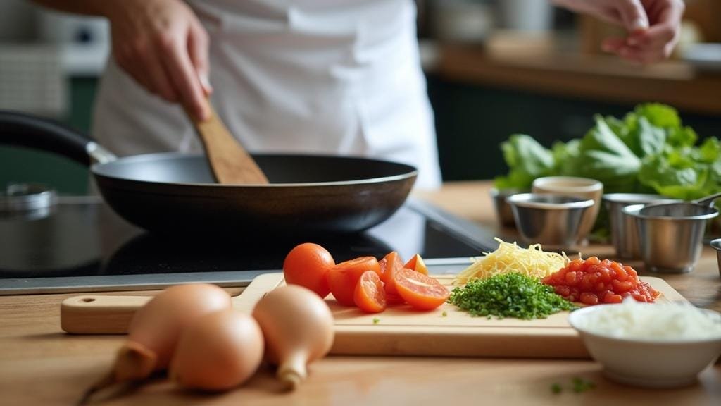 "bustling kitchen scene with a large skillet on stove, neatly arranged ingredients on a cutting board, and measuring cups nearby"