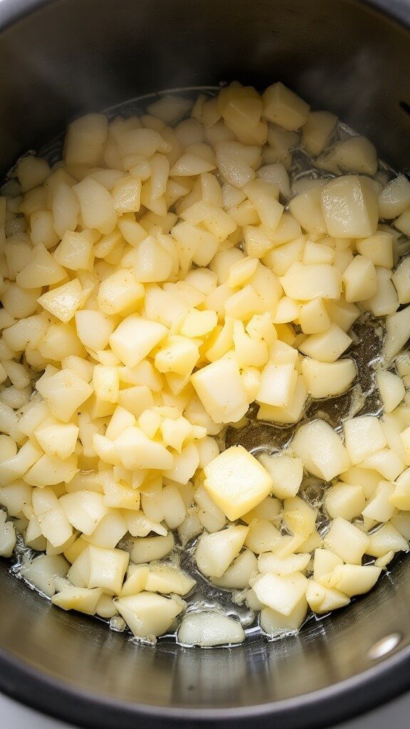 Overhead view of melting butter and softening diced onions in a dutch oven