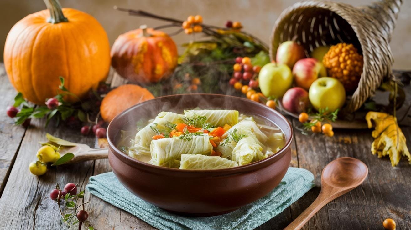 "steaming bowl of cabbage roll soup on a rustic wooden table with autumn decor"