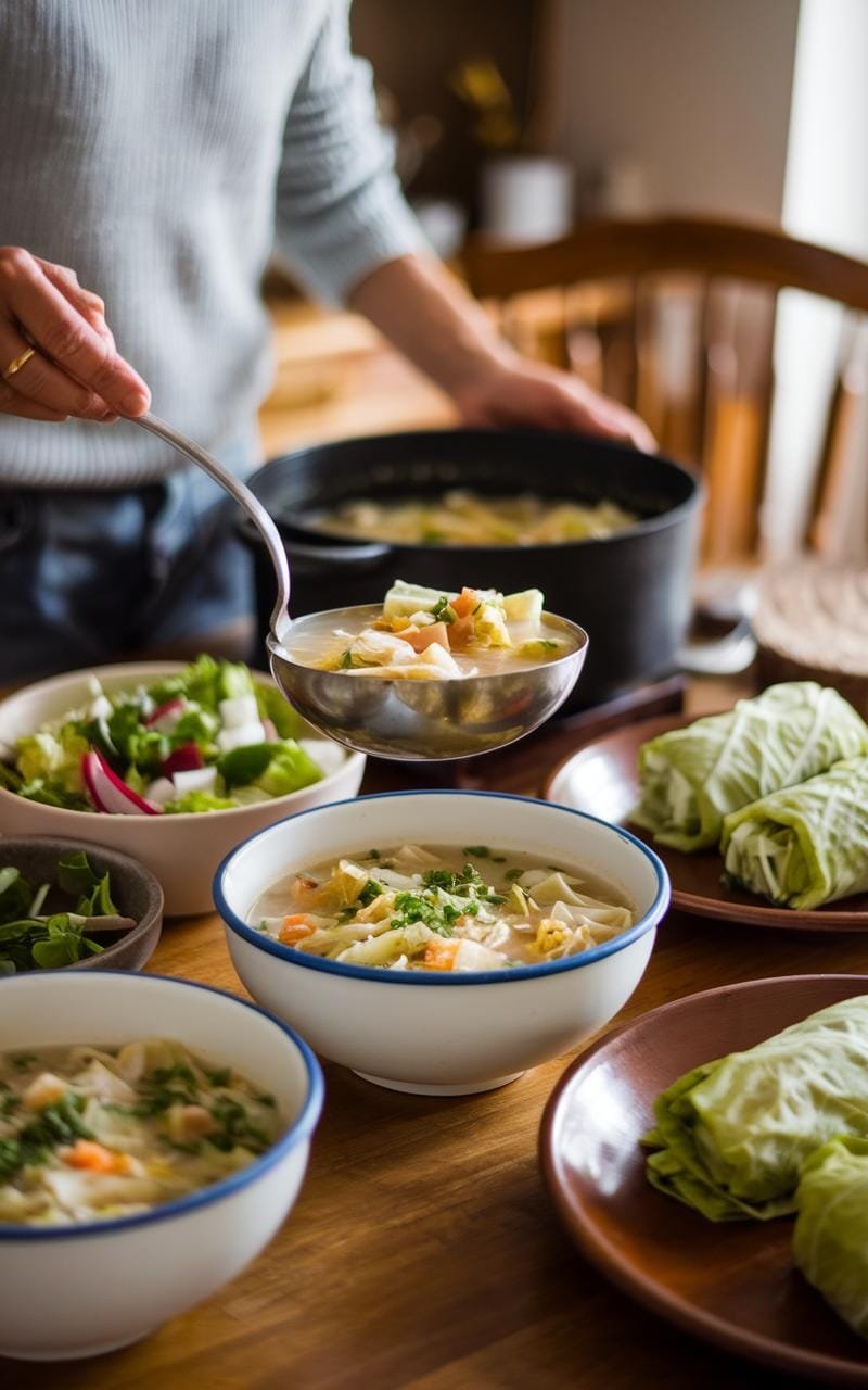 Cabbage roll soup served in a large pot, surrounded by bowls and spoons for a family dinner.