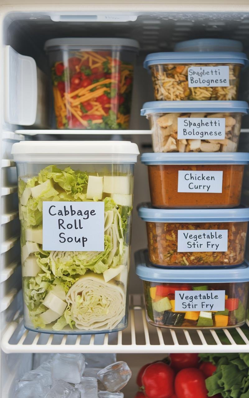 Cabbage roll soup portioned into meal prep containers ready for the freezer.