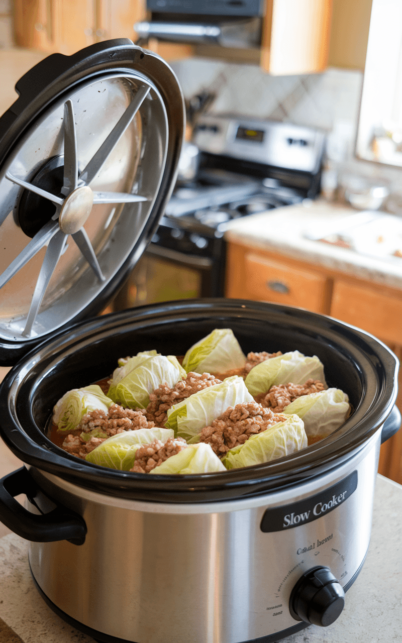 A slow cooker on a kitchen counter with the lid slightly ajar, showing steaming cabbage roll soup inside.