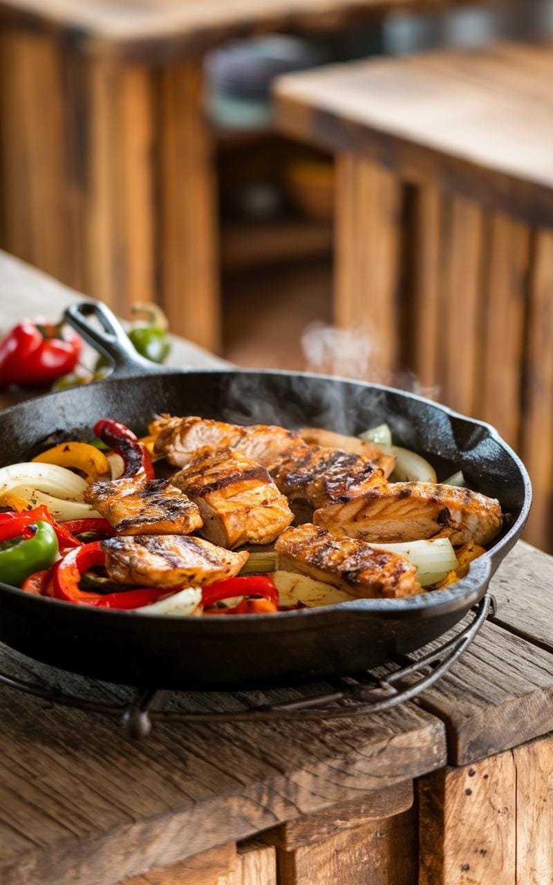 Sizzling cast iron skillet with charred peppers, onions, and chicken strips on rustic wooden countertop