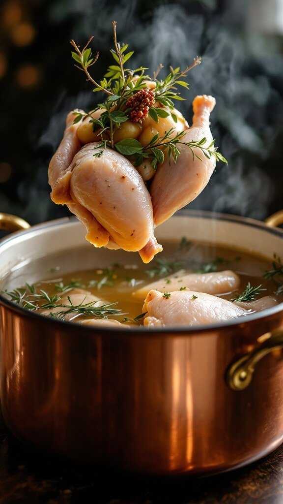 Chicken and aromatics being gently immersed into a copper dutch oven filled with steaming, clear chicken broth