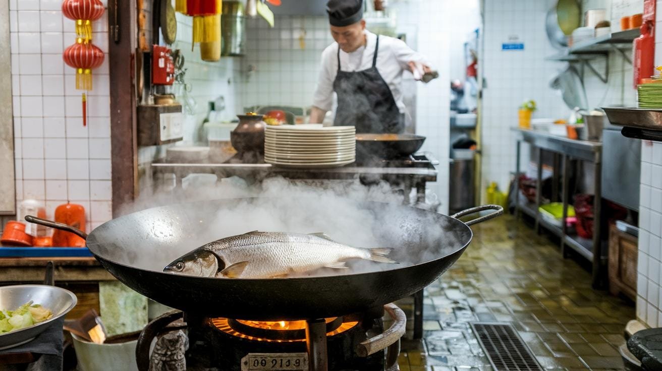 Steamed Fish With Ginger: A Delicious Chinese Classic 10 A busy chinese kitchen featuring a large wok steaming a whole fish, with aromatic steam wafting upwards.