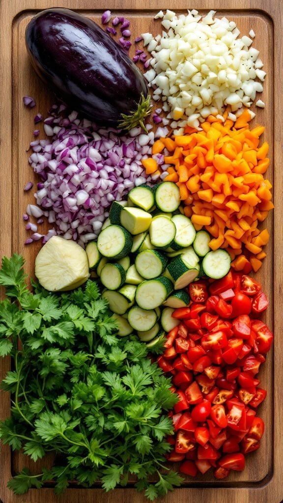 Overhead view of neatly arranged piles of chopped vegetables on a wooden cutting board, including diced onions, minced garlic, chunked eggplant, sliced zucchini, chopped bell peppers, chopped tomatoes, and fresh herbs.