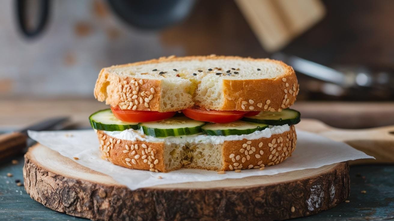 "golden-brown cloud bread sandwich with fresh ingredients on a rustic wooden cutting board"