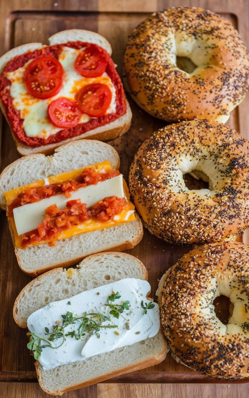 A selection of cloud bread sandwiches featuring a pizza version, an everything bagel-topped sandwich, and one seasoned with ranch.