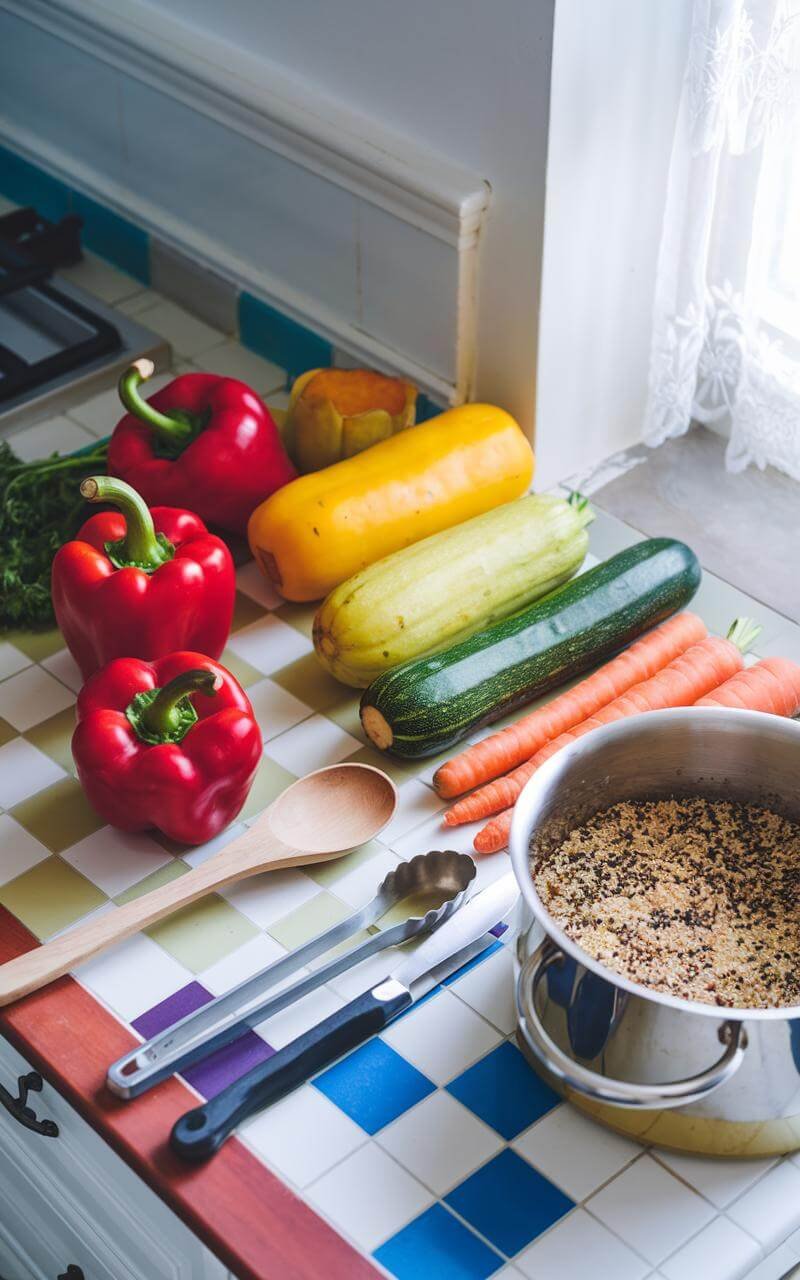 Quinoa Buddha Bowl: A Nourishing Veggie-Packed Delight 8 Bright kitchen countertop with fresh vegetables, cooking utensils, and a pot of quinoa ready for meal preparation.