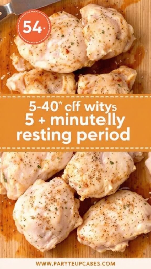 Overhead view of moist, tender cooked chicken pieces resting on a wooden board, slightly steaming, with herbs and spices visible on the surface.