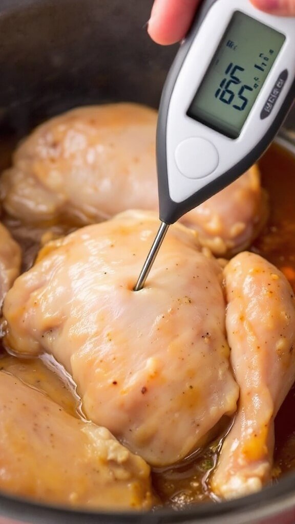 Meat thermometer showing 165°f being inserted into a juicy, fully cooked chicken piece in aromatic cooking liquid