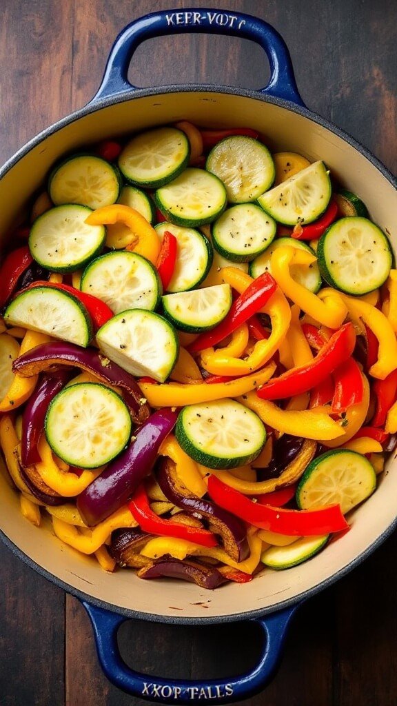 Overhead view of dutch oven filled with layers of colorful zucchini, bell peppers, and partially cooked eggplant