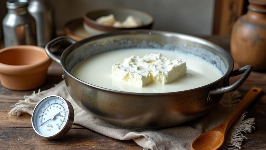 "ingredients and tools for making homemade cottage cheese including a large pot of milk, thermometer, and wooden spoon on a rustic kitchen counter. "