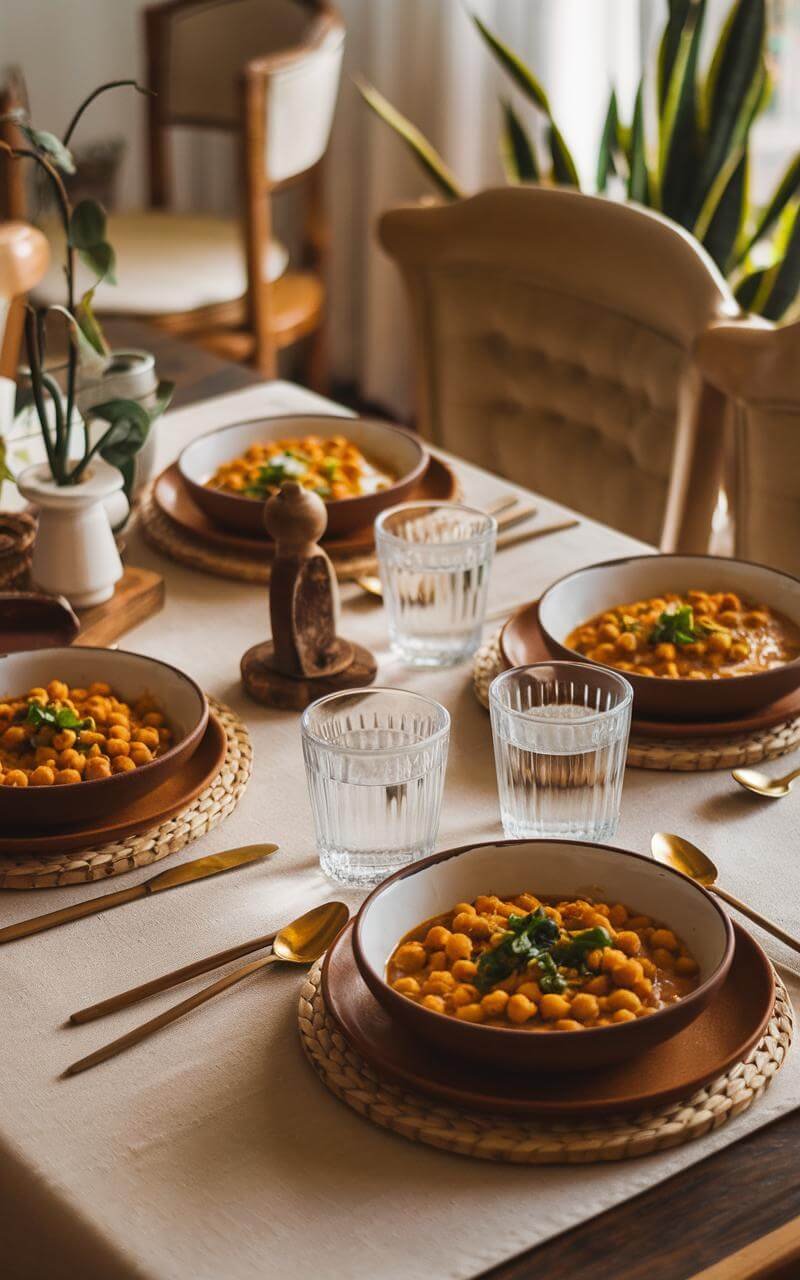 Chickpea Curry: A Quick, Creamy, And Comforting One-Pot Wonder 8 Dining table set for four with steaming bowls of chickpea curry and glasses of water