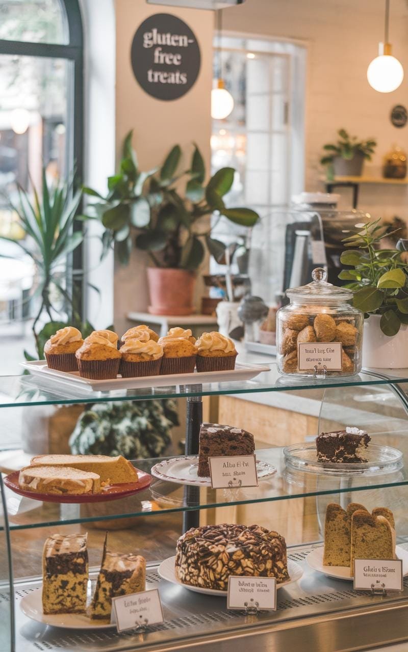 Almond Flour Muffins: The Ultimate Gluten-Free Treat 7 Interior of a cozy cafe with a display case featuring gluten-free treats including almond flour muffins