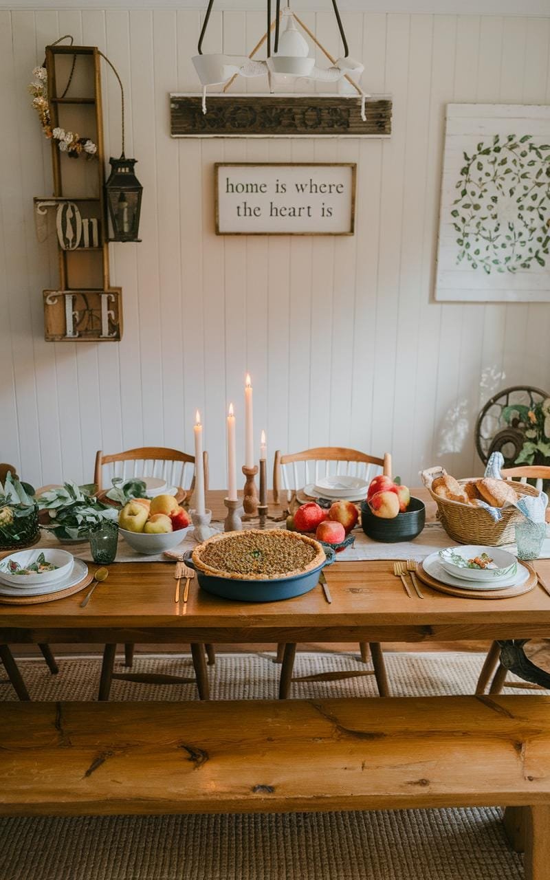Cozy farmhouse dining room with large wooden table set for family dinner, lentil shepherd's pie in the center