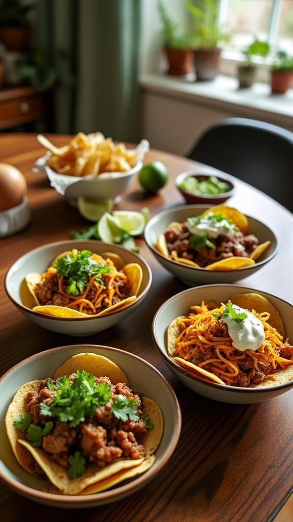 Four inviting taco bowls uniquely topped on a cozy dining room table, accompanied by optional garnishes and lime wedges.