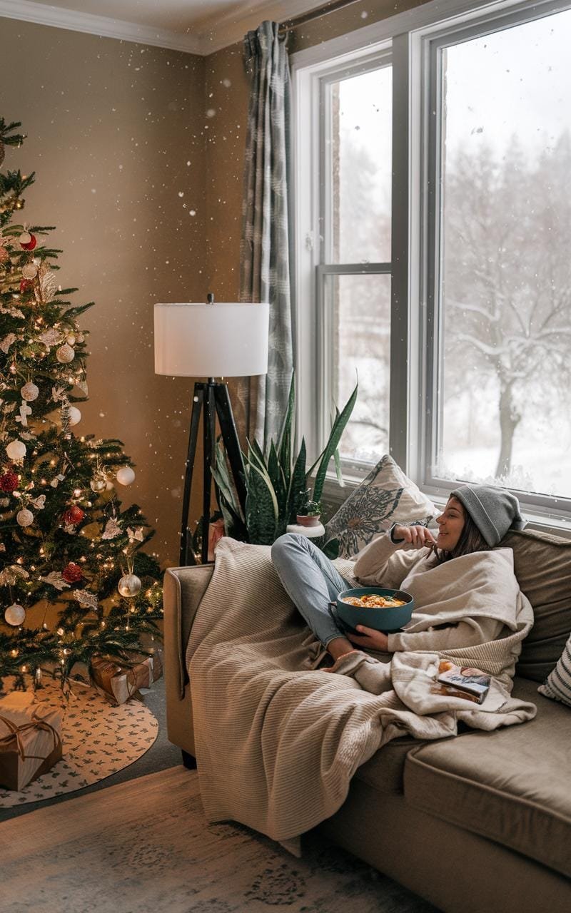 A person curled up on a sofa in a cozy living room, holding a bowl of cabbage roll soup, while watching snow fall outside the window.