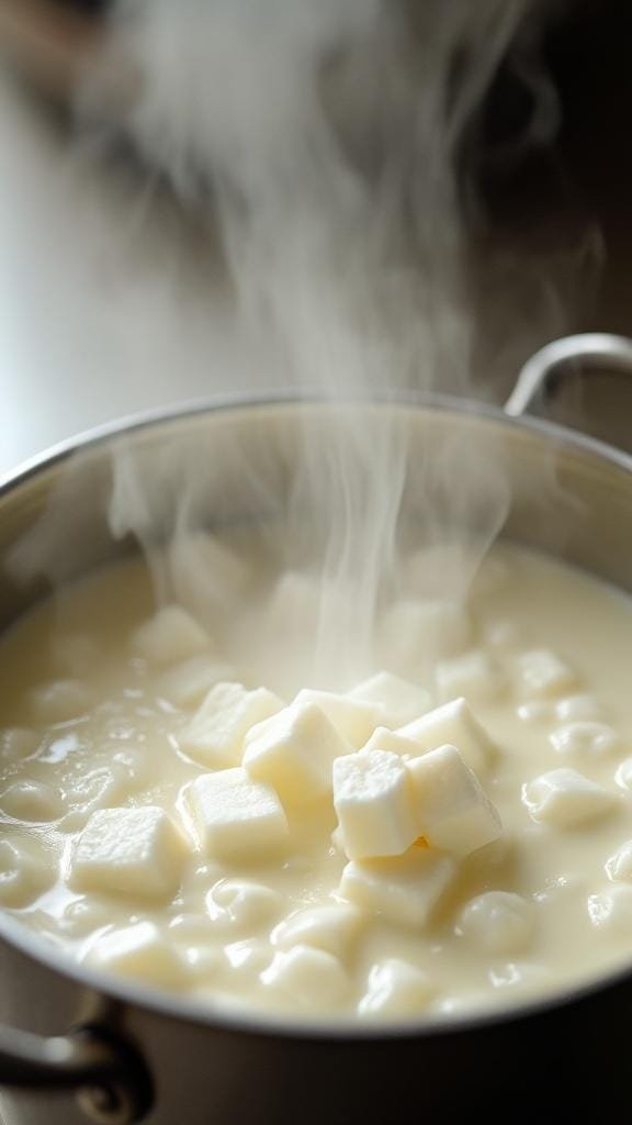 Close-up of creamy white curds forming in a pot with rising steam as milk begins to separate