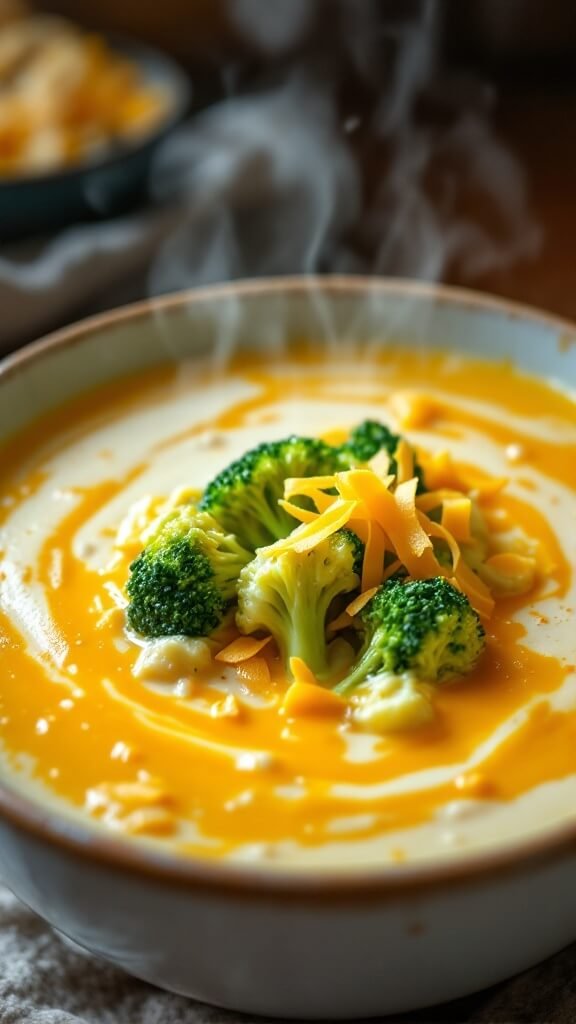 Steaming creamy soup with melted cheese swirls, topped with broccoli florets and shredded cheddar.