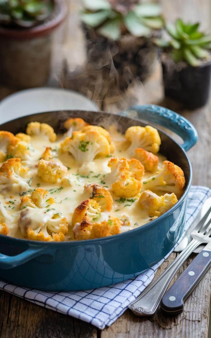 Cauliflower Mac And Cheese: A Low-Carb Comfort Food Revolution 4 Cauliflower casserole in cheese sauce on rustic wooden table with checkered cloth