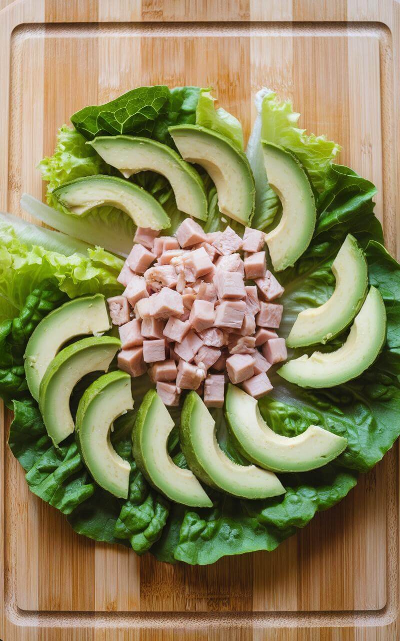 Ingredients for salad including lettuce, diced turkey, and avocado slices arranged on a wooden cutting board