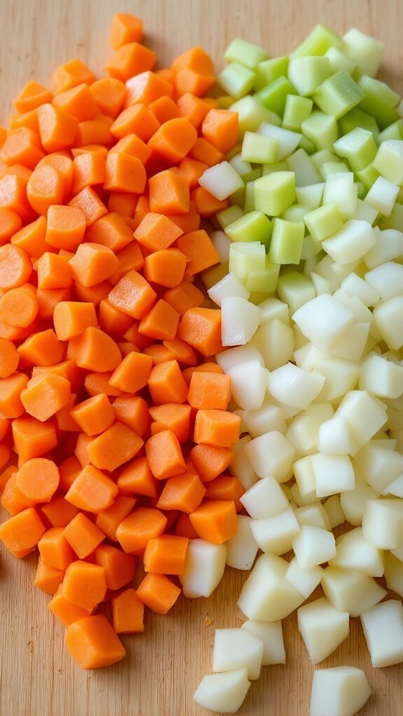 Closeup of finely diced carrots, onions, celery, and potatoes on a wooden cutting board