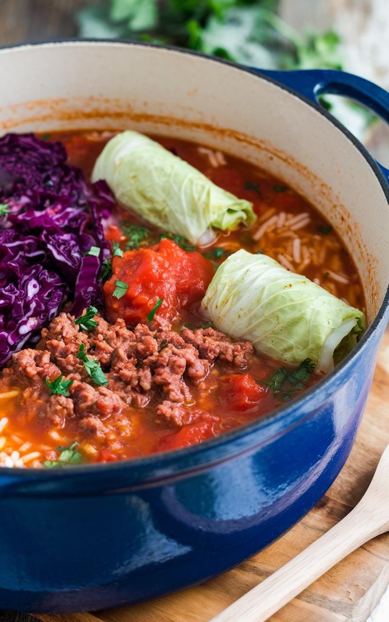 Dutch oven with bubbling cabbage roll soup displaying vibrant colors of its ingredients