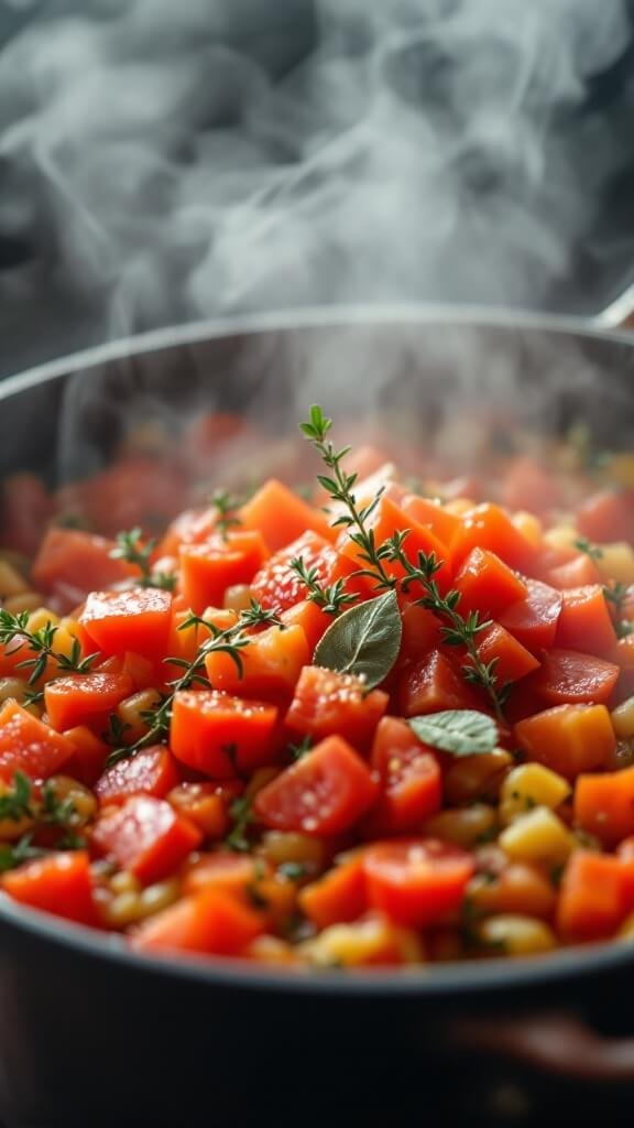 Steam rising from dutch oven with red chopped tomatoes being added to vegetable mix, with thyme sprigs and bay leaves on top