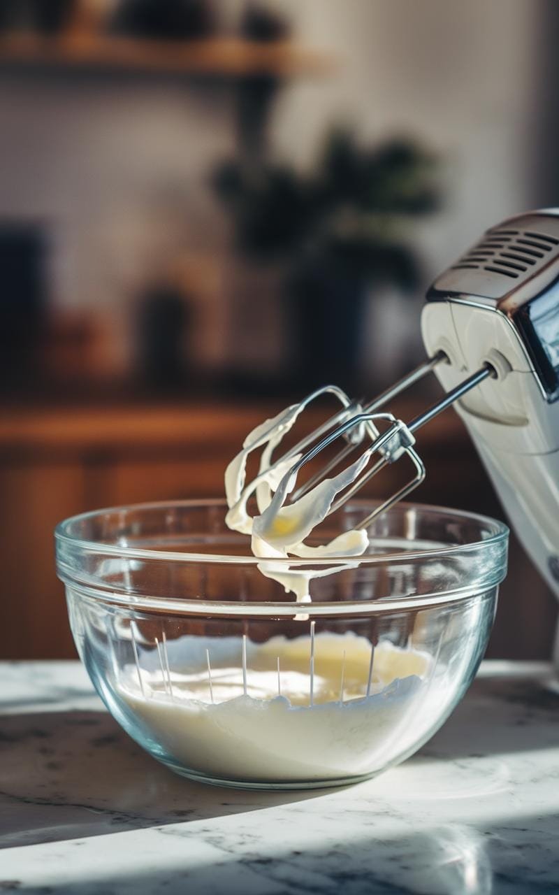 Hand mixer in a bowl with whisked egg whites forming stiff peaks, lit by soft natural light