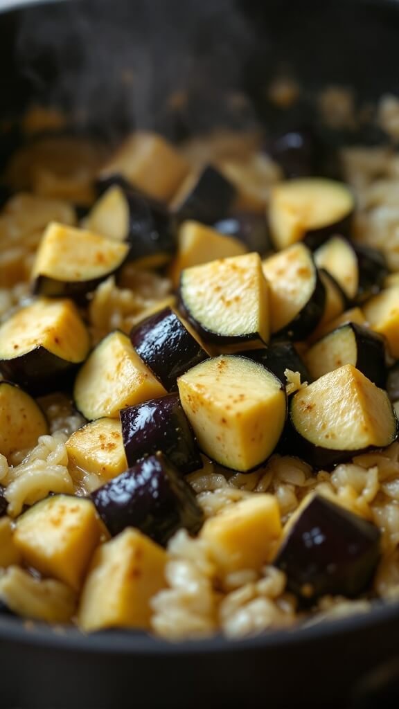 Adding eggplant chunks to sautéed onions in a hot pot, steam and sizzle captured on contact