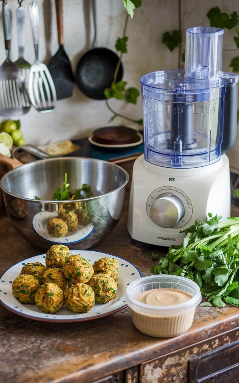 Baked Falafel: Crispy, Healthy Middle Eastern Delight 7 Rustic kitchen countertop setup with a food processor, mixing bowl, and fresh herbs for making falafel