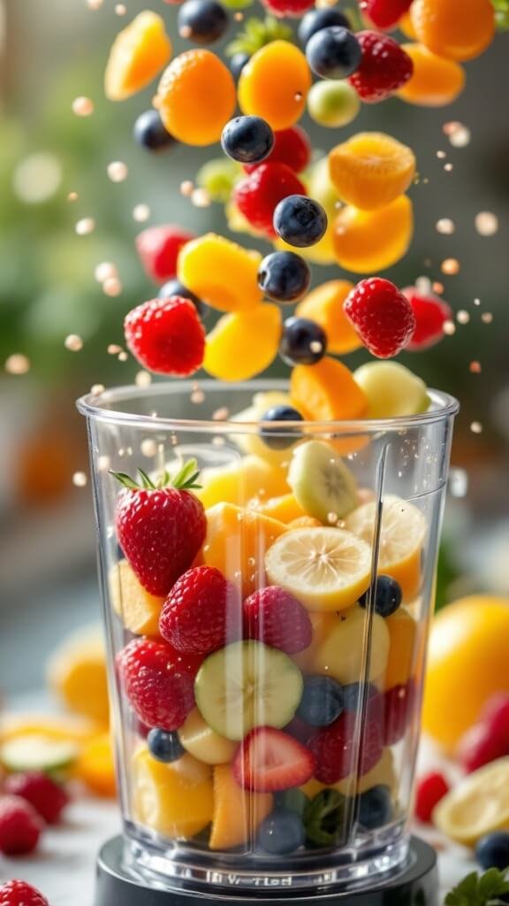 Fresh fruits being dropped into a glass blender in a dynamic close-up shot, vivid colors highlighted by natural lighting