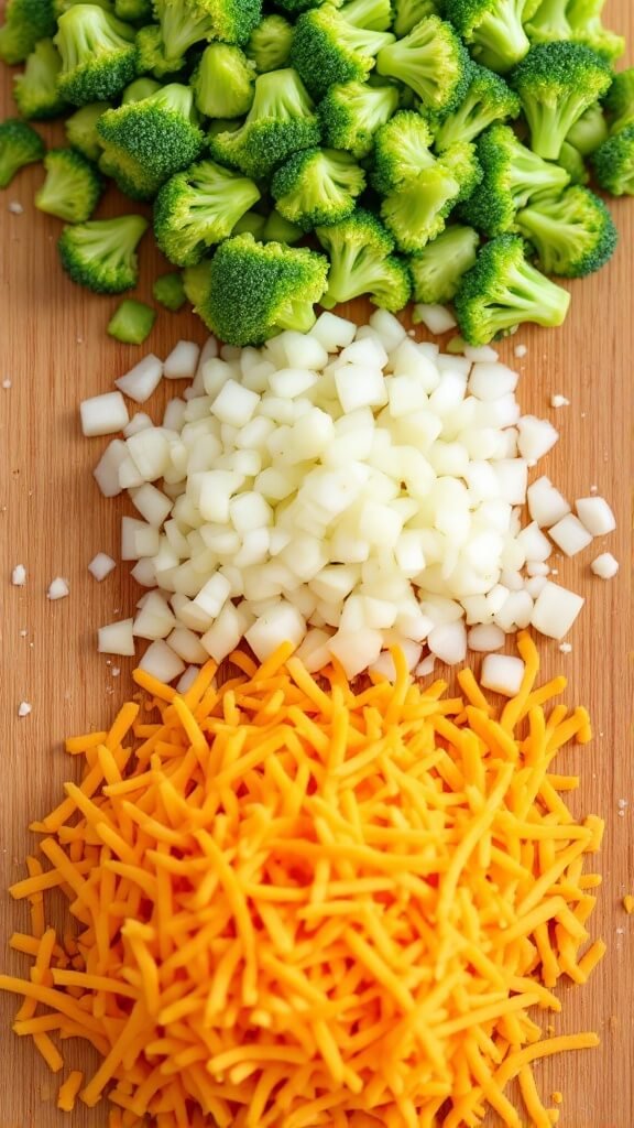 Fresh ingredients on wooden cutting board including broccoli florets, diced onions, minced garlic, and grated cheddar cheese