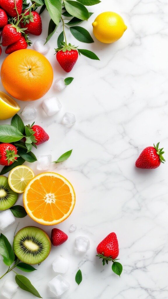 Colorful fresh fruits including whole orange, strawberries, green kiwi, half lemon, and clear coconut water arranged on a marble surface with scattered ice cubes for a vibrant smoothie prep