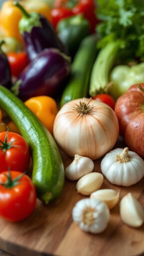 Fresh raw vegetables arranged on wooden cutting board under natural lighting