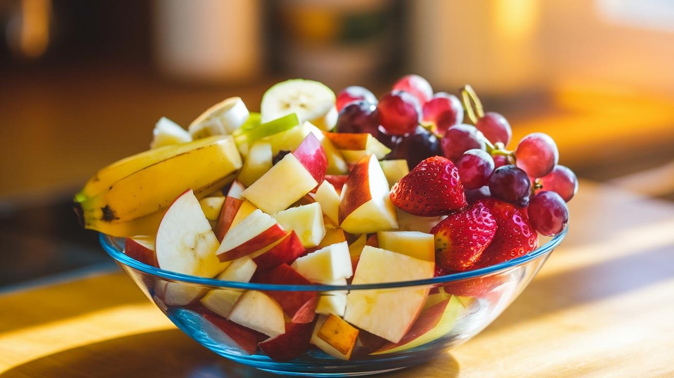 "bowl of colorful mixed fruits including diced apples, sliced bananas, quartered grapes and chopped strawberries on a kitchen counter"